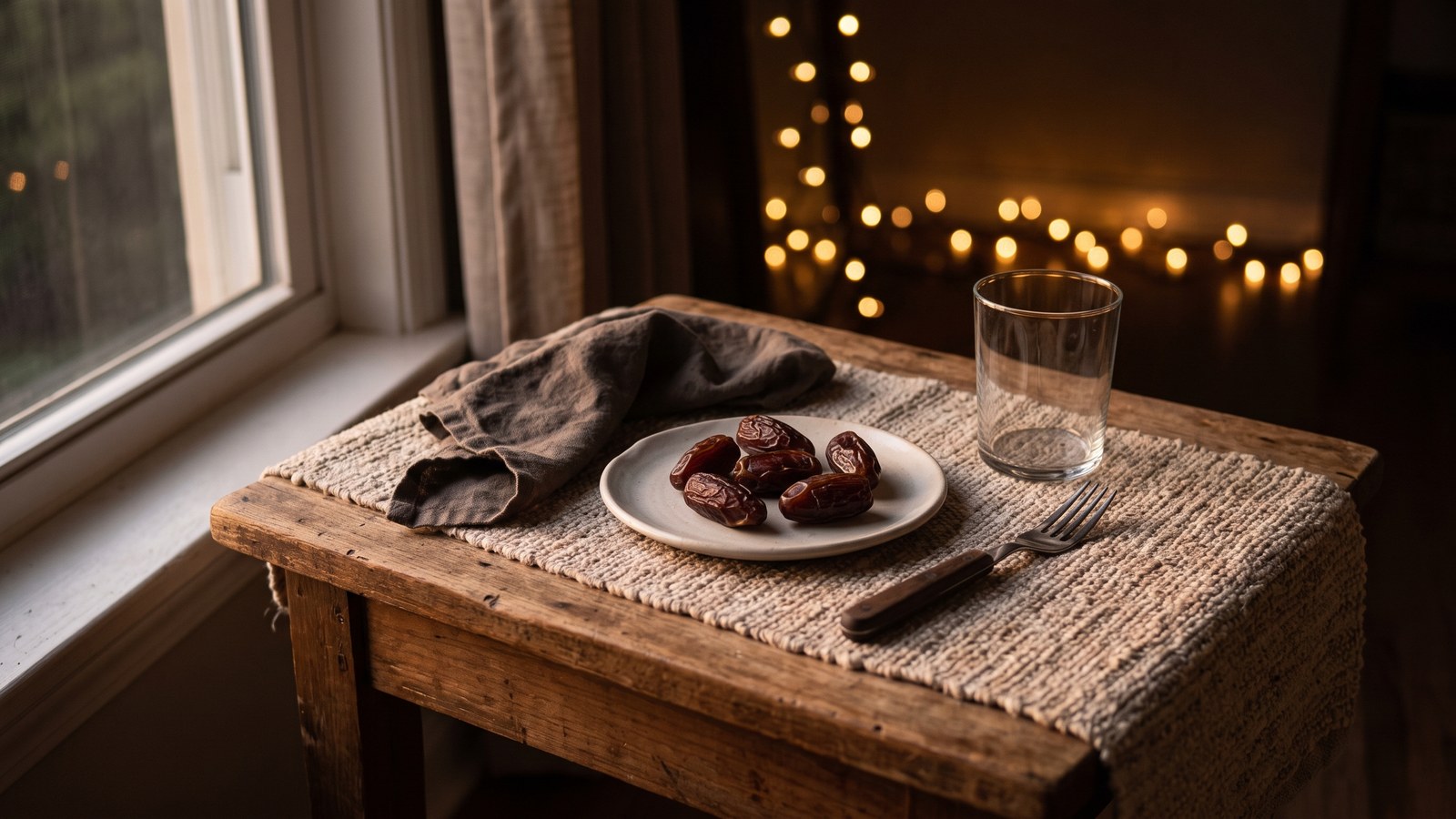 A low wooden table set for iftar at dusk with a small plate of dates, an empty glass, and a woven table runner, warm string lights softly blurred in the background, no people in frame