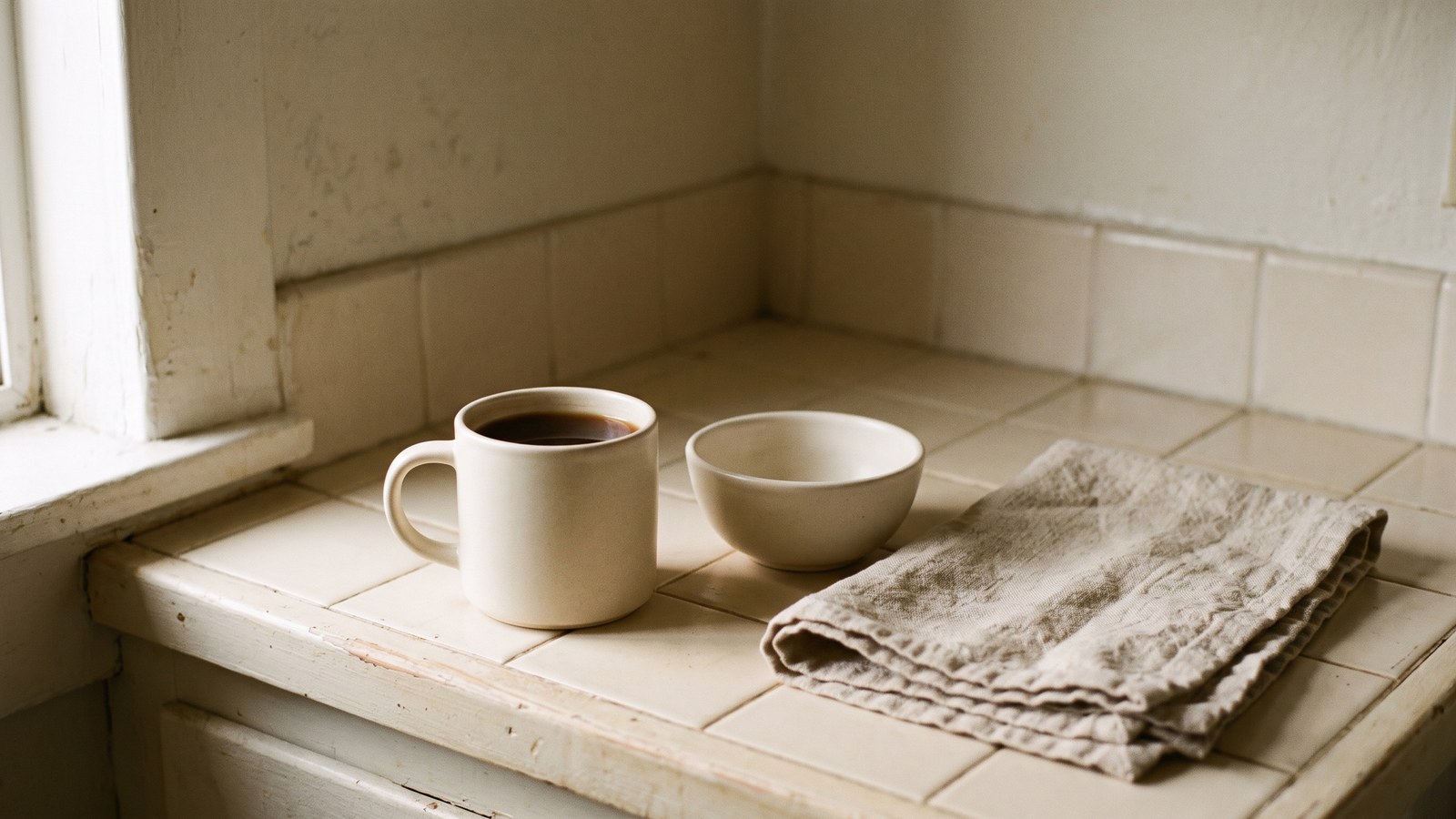A plain white ceramic mug of dark herbal coffee and an empty ceramic bowl on a tiled kitchen counter in soft morning light, with a folded linen towel nearby, no packaging or labels visible.