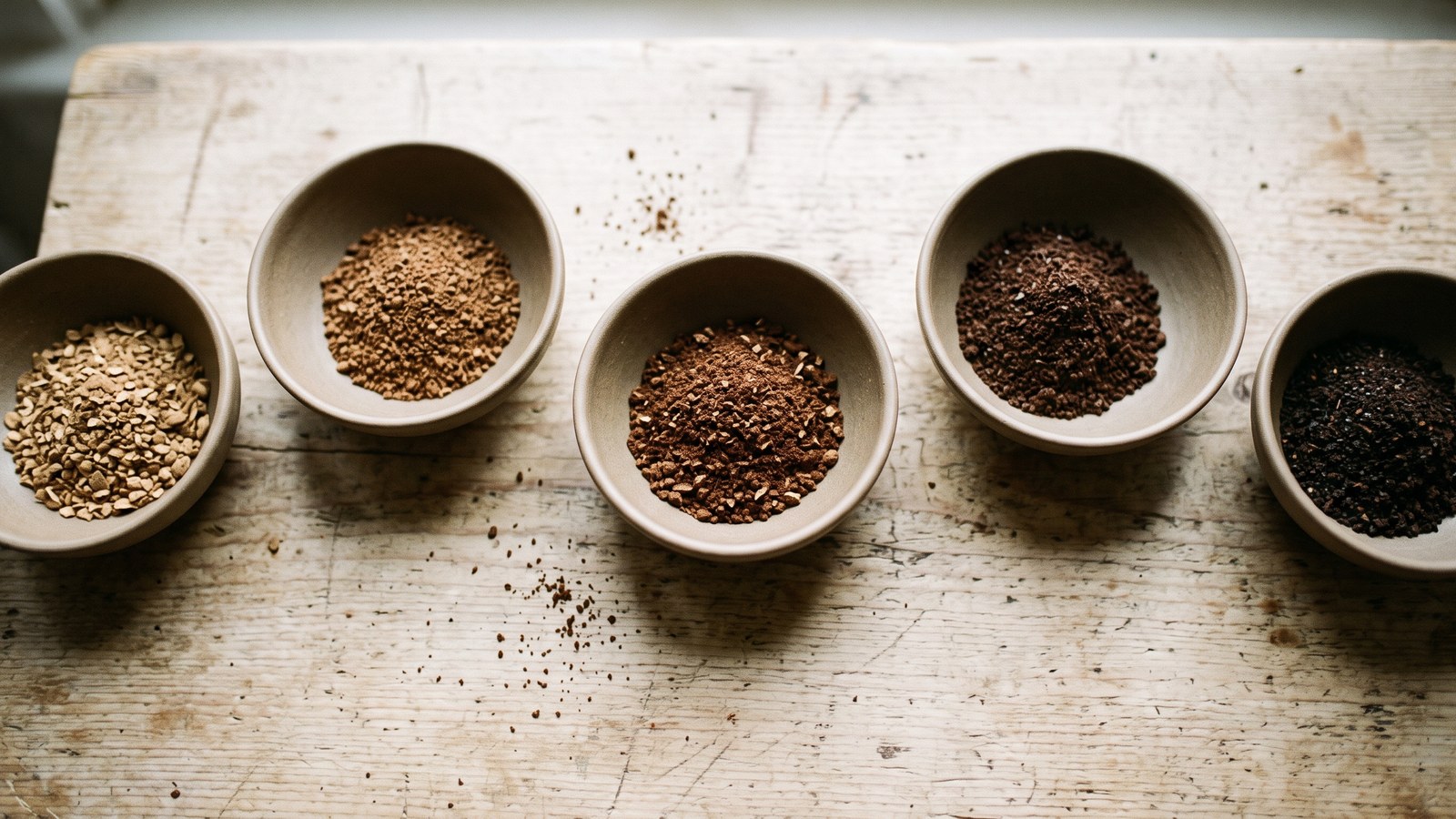 Overhead photo of five small unmarked ceramic bowls in a row on a worn wooden table, each holding a pile of roasted granular material progressing from pale tan through light and medium brown to dark brown and nearly black
