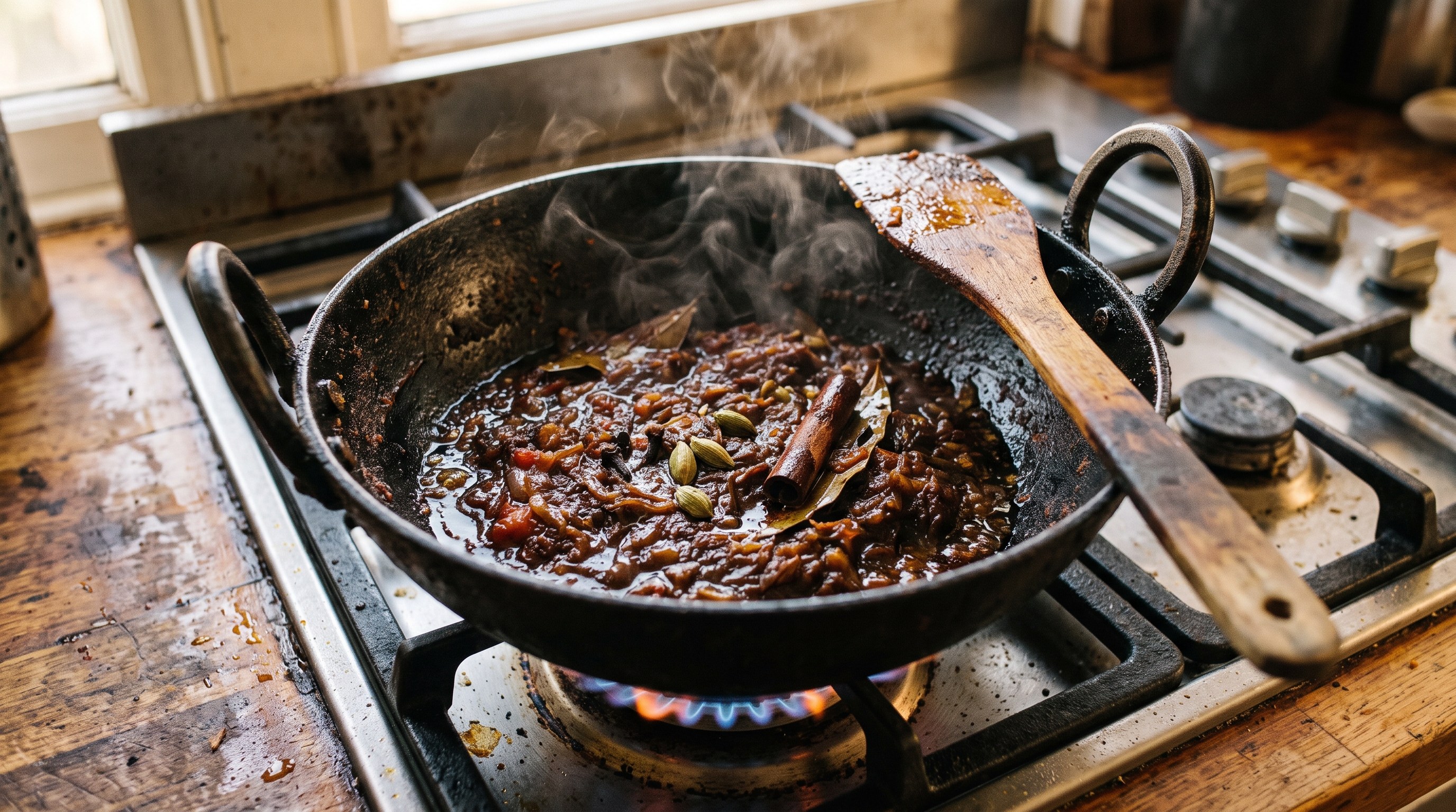 A heavy dark cast-iron karahi on a lit gas burner, holding a thick, deeply caramelized dark-brown onion and whole-spice paste mid-fry, oil visibly separating and pooling at the edges, a wooden spatula resting on the rim, cardamom pods and a cinnamon stick visible in the paste, steam rising in warm afternoon light