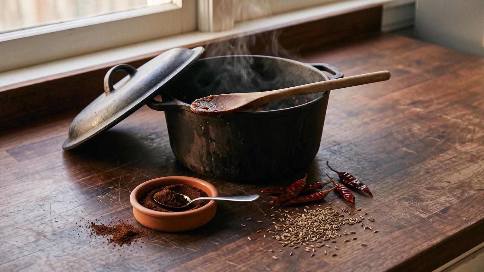 A dark cast-iron pot on a stovetop with a wooden spoon resting across it, steam rising, beside a small unmarked ceramic dish holding a spoonful of dark roasted powder and a scattering of dried whole chilies and cumin seed on a worn wood counter in late afternoon light