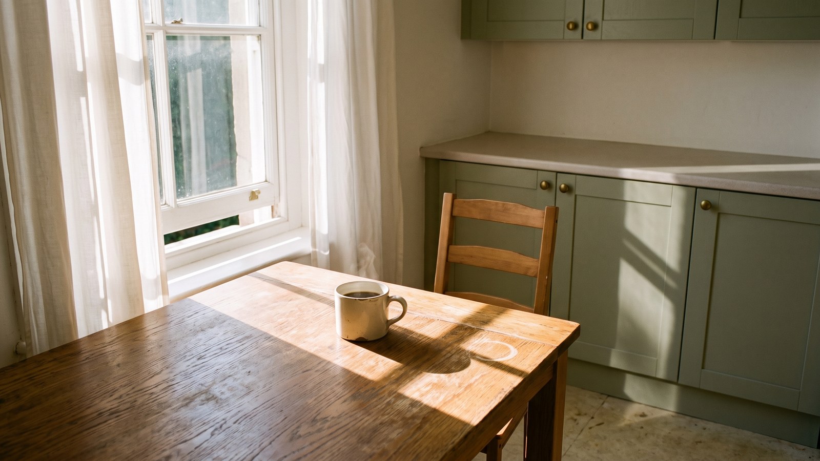 The same oak table two weeks later, in strong warm morning light with the curtains wide open. Low sun rakes across the wood grain and the shadow of the window frame falls over it. A bare kitchen counter and sage-green cabinets stand behind. On the table only the chipped cream mug, half full and gently steaming, and a chair drawn up close.