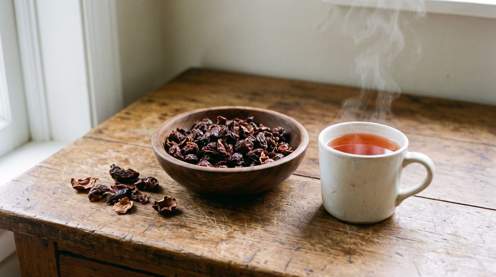 A shallow wooden bowl of dark, wrinkled dried fruit husks on a scarred wooden table, a few loose pieces beside it, next to a white mug of steaming clear reddish tea in window light