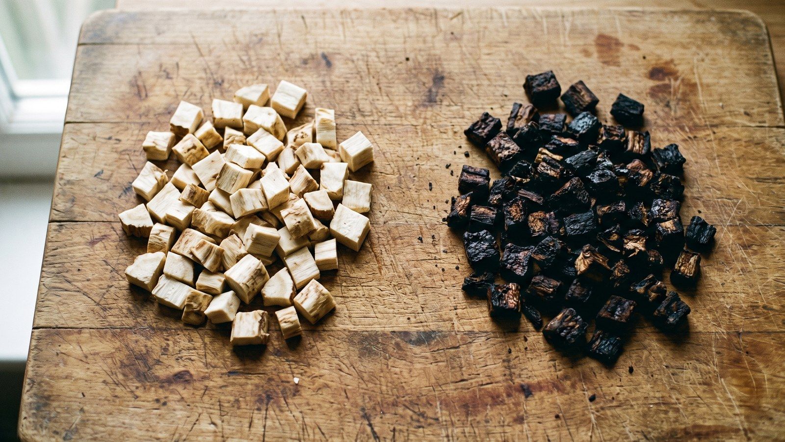 A small pile of raw pale cream chicory root chunks on the left and a pile of dark roasted chicory root chunks on the right, both loose on a worn wooden cutting board