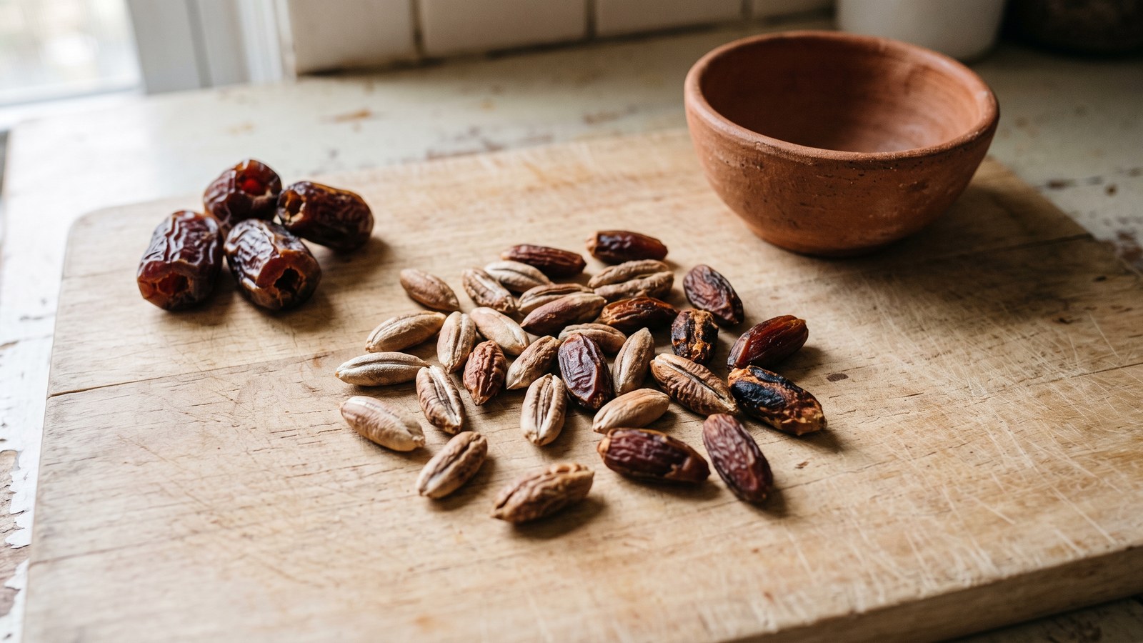 A loose handful of dried, wrinkled date seeds ranging from pale to dark roasted scattered on a plain wooden cutting board, beside a small empty unglazed ceramic bowl and a few whole pitted dates, on a kitchen counter in soft natural daylight