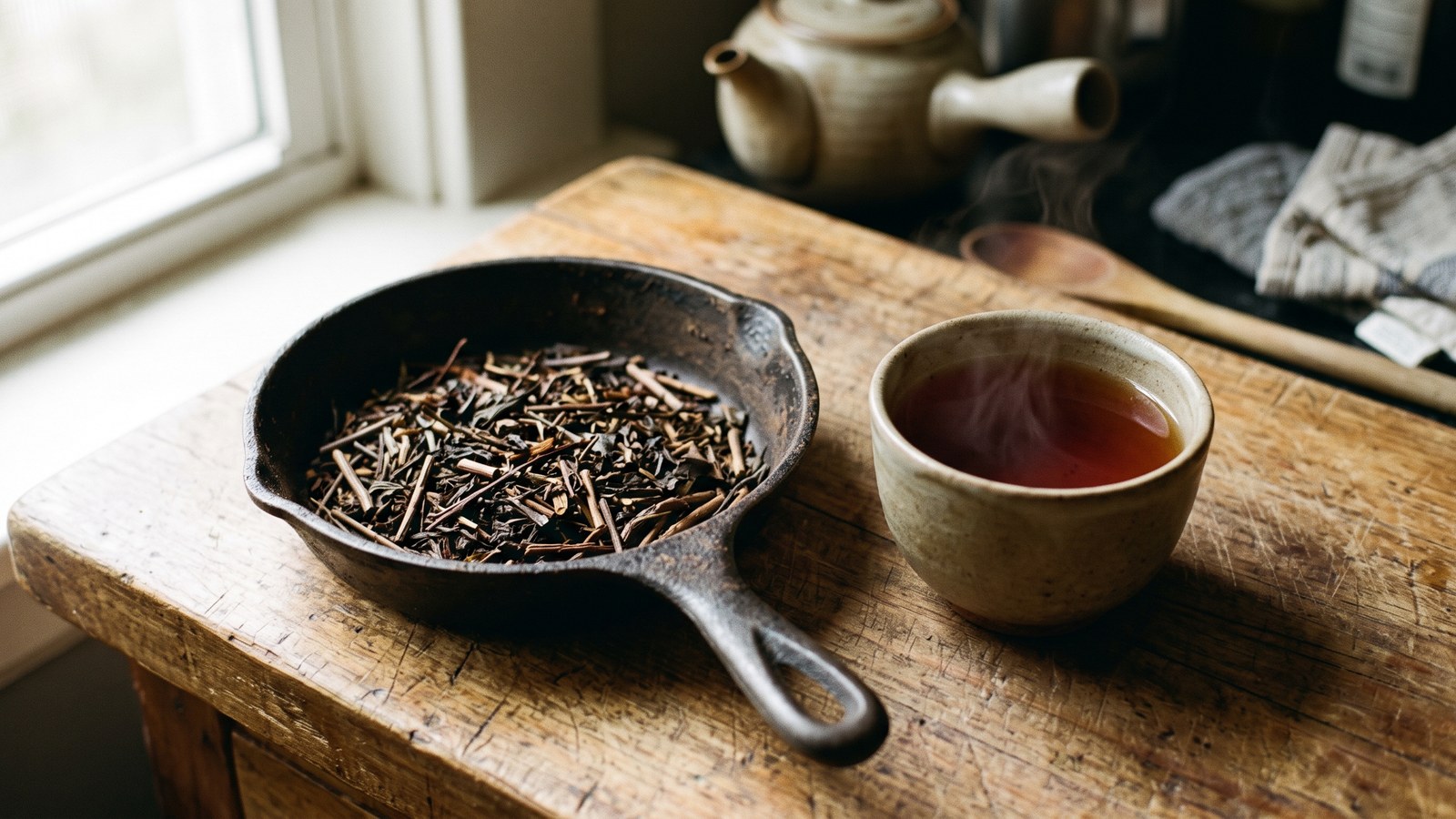 A well-worn cast-iron pan of dark roasted tea leaves and thin twigs on a scarred wooden counter, beside a plain stoneware cup of steaming clear reddish-brown tea in window light