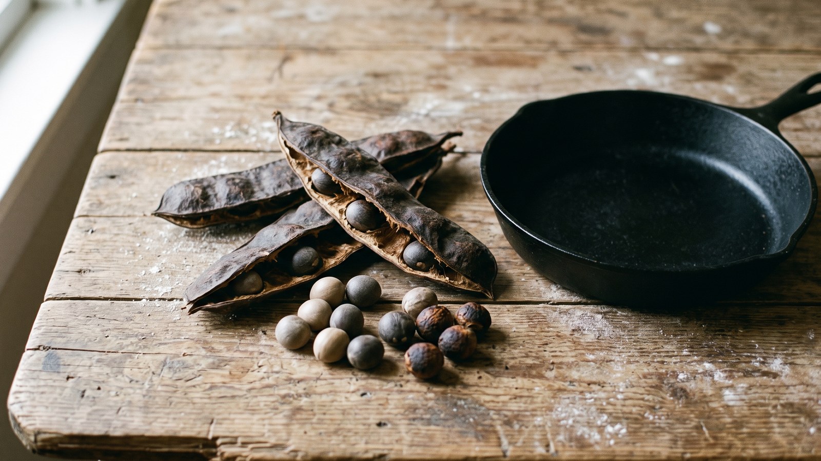 Several large, dark, leathery seed pods split open on a rustic wooden table, spilling round hard seeds ranging from pale tan to dark roasted, beside an empty plain cast-iron skillet