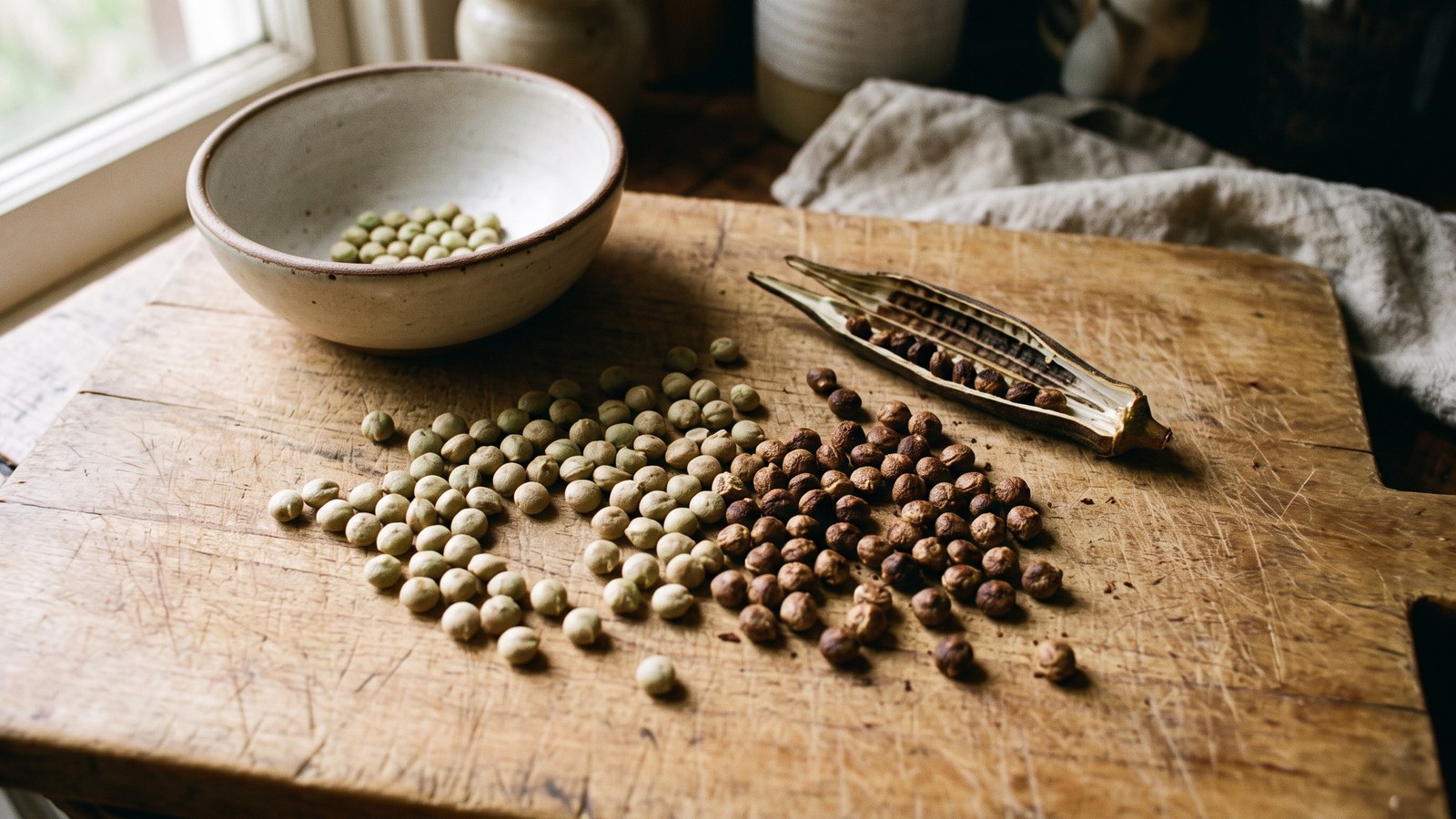 Loose okra seeds scattered across a worn wooden cutting board, pale green-tan raw seeds on one side shading into dark roasted brown seeds on the other, beside a split dried okra pod and a plain ceramic bowl in morning window light