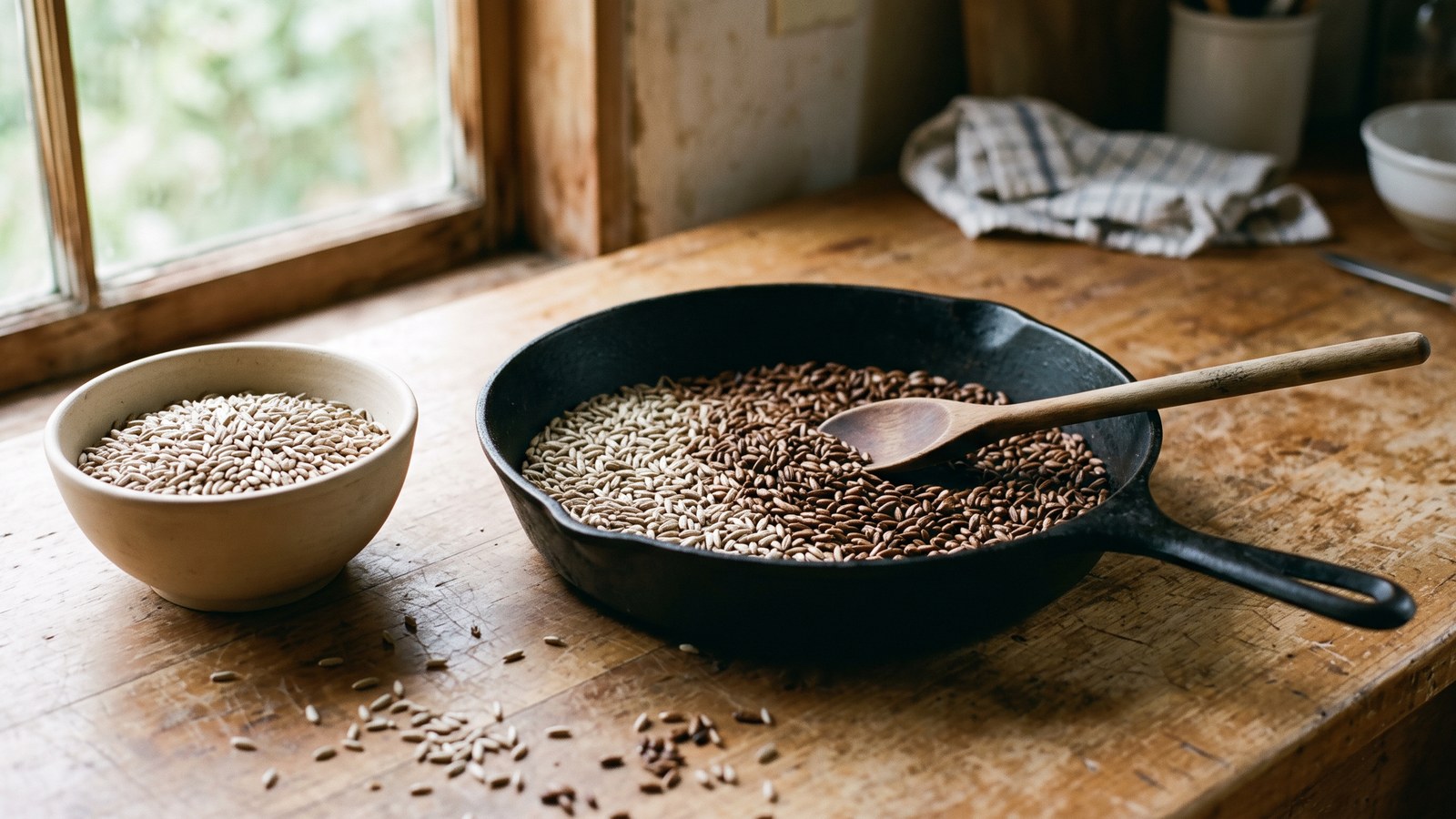 A black cast-iron skillet of rye grains roasting on a worn wooden counter, pale tan kernels on one side shading to dark brown on the other, beside a plain ceramic bowl of raw rye and a wooden spoon in window light