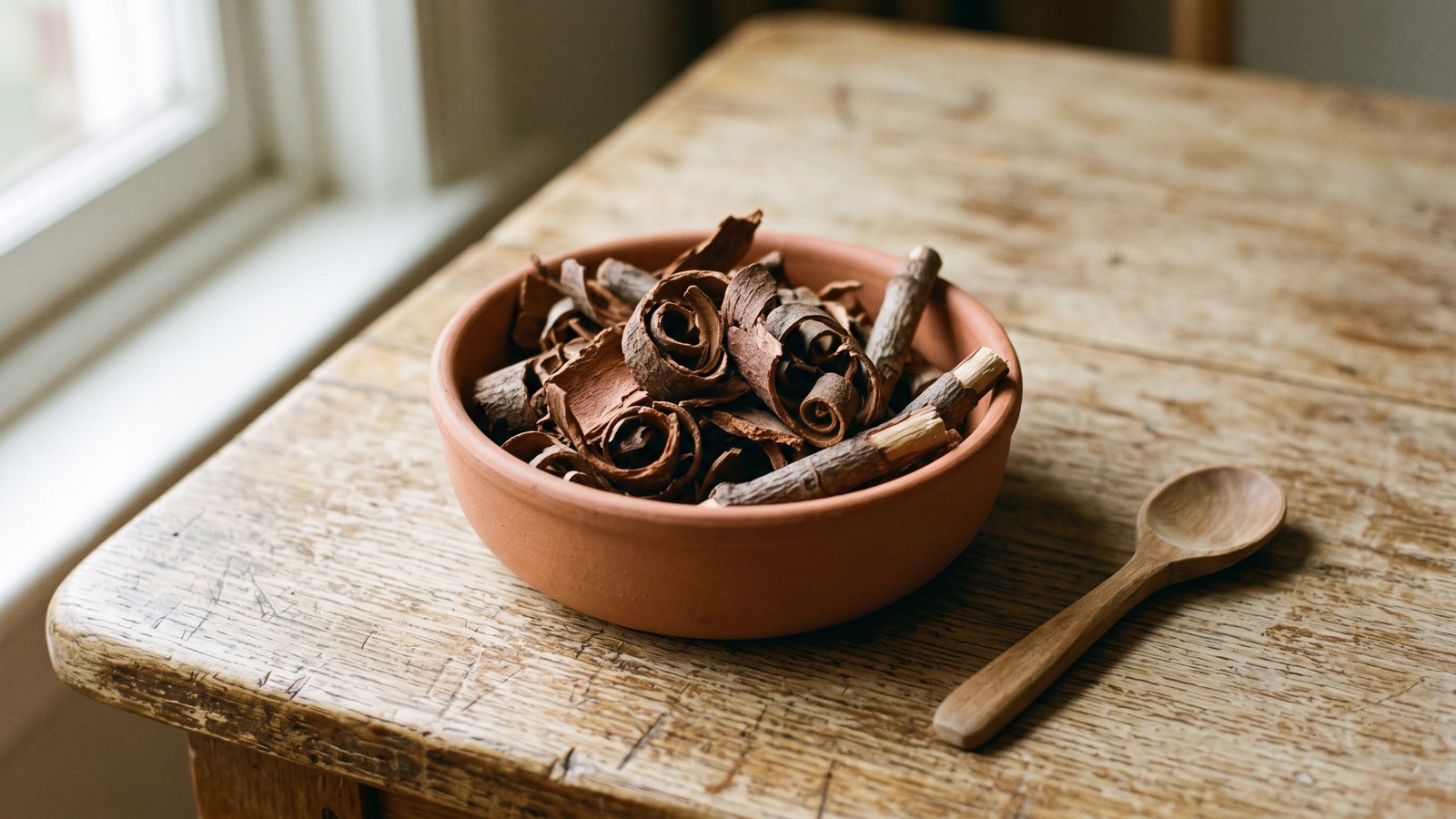 Curled reddish-brown bark shavings and small peeled twigs heaped in a plain terracotta bowl beside a wooden spoon on a worn wooden table in morning window light