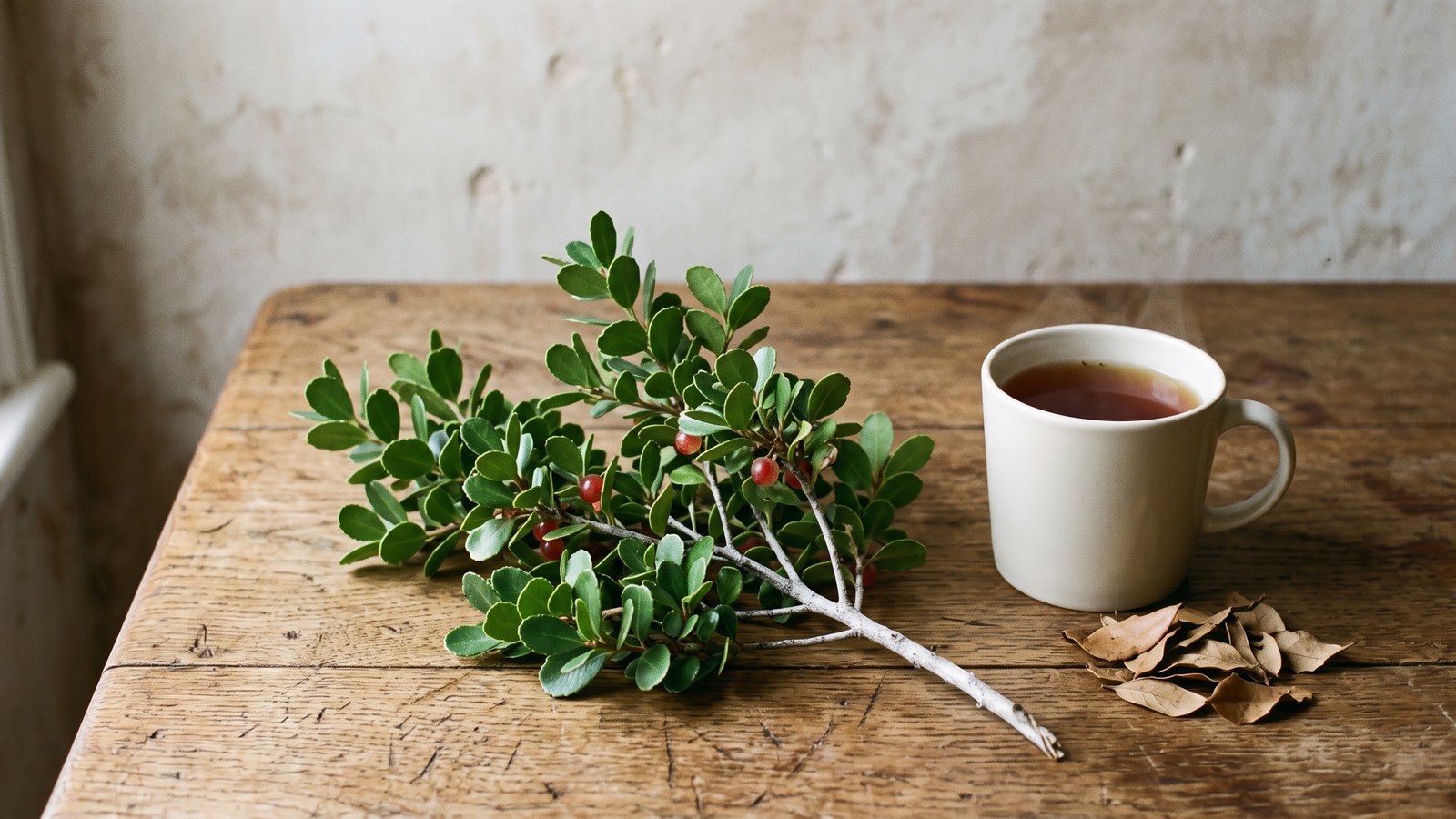 A white mug of steaming dark amber tea on a worn wooden table, beside a leafy twig with small oval leaves and a few red berries, and a small pile of dry leaves