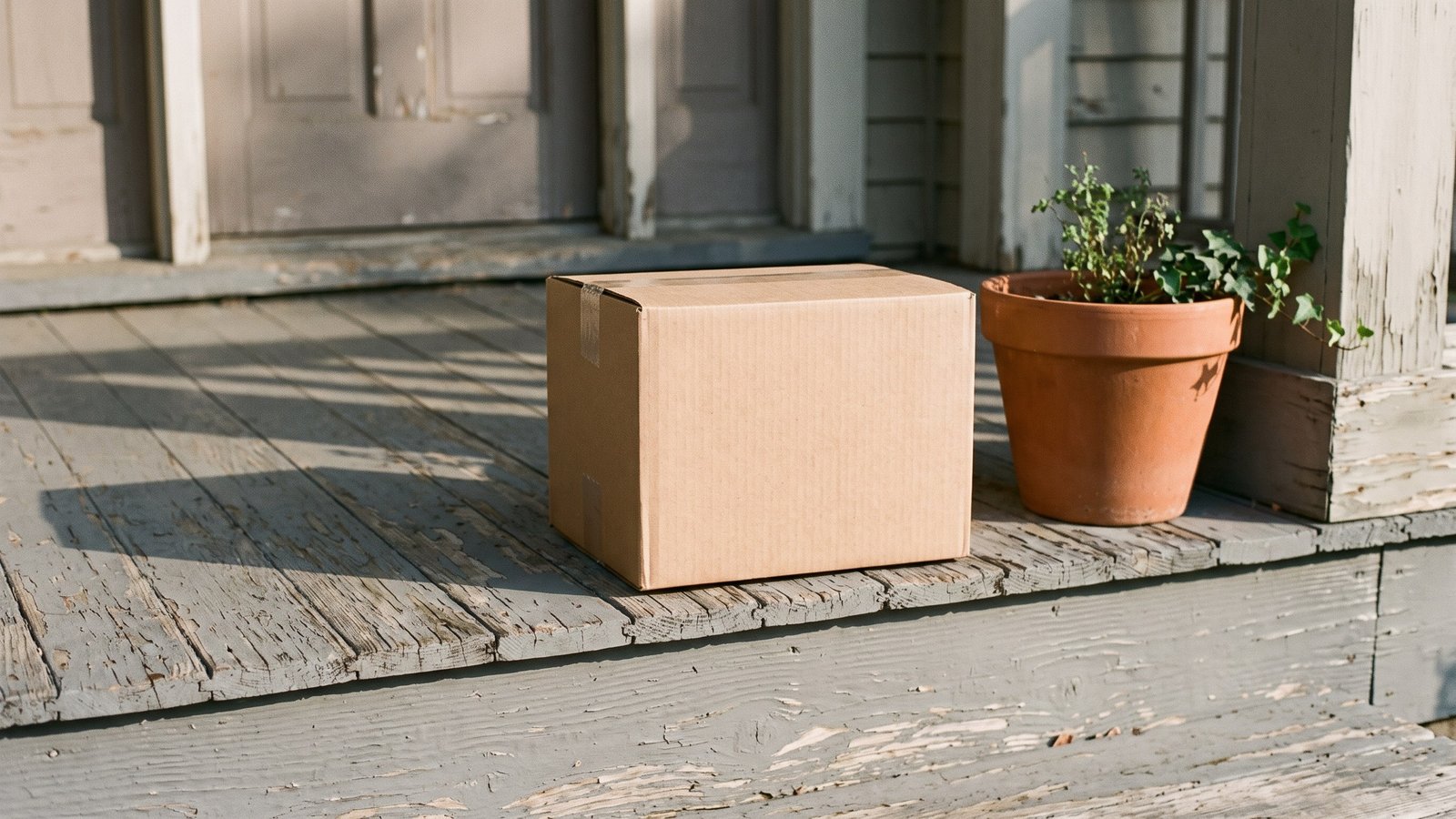 A single plain, unmarked kraft-brown cardboard parcel sitting alone on a weathered wooden porch step in soft early morning light, beside a terracotta plant pot.