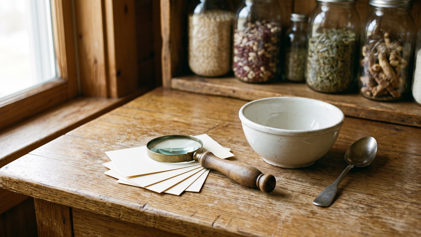 A wooden kitchen counter beside a window with a magnifying glass resting on a fan of blank index cards, an empty ceramic bowl, and a spoon, with jars of dried grains, beans, and herbs blurred on a shelf in the background