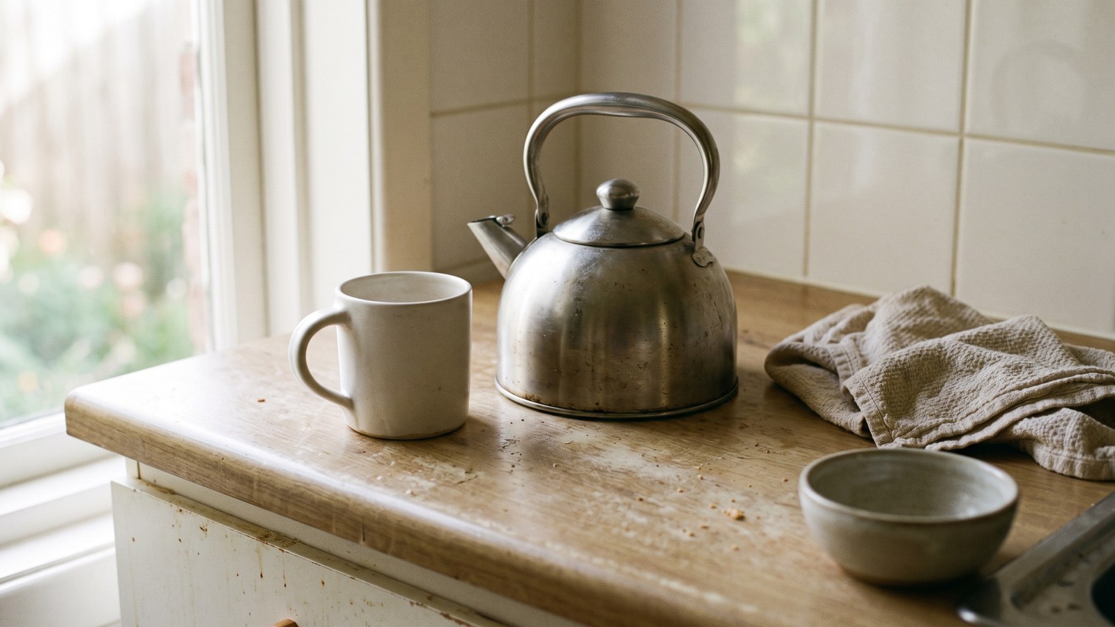 A plain ceramic mug and a kettle on a quiet kitchen counter in soft early morning light, with a folded dish towel and a small empty bowl nearby, no packaging or labels visible.