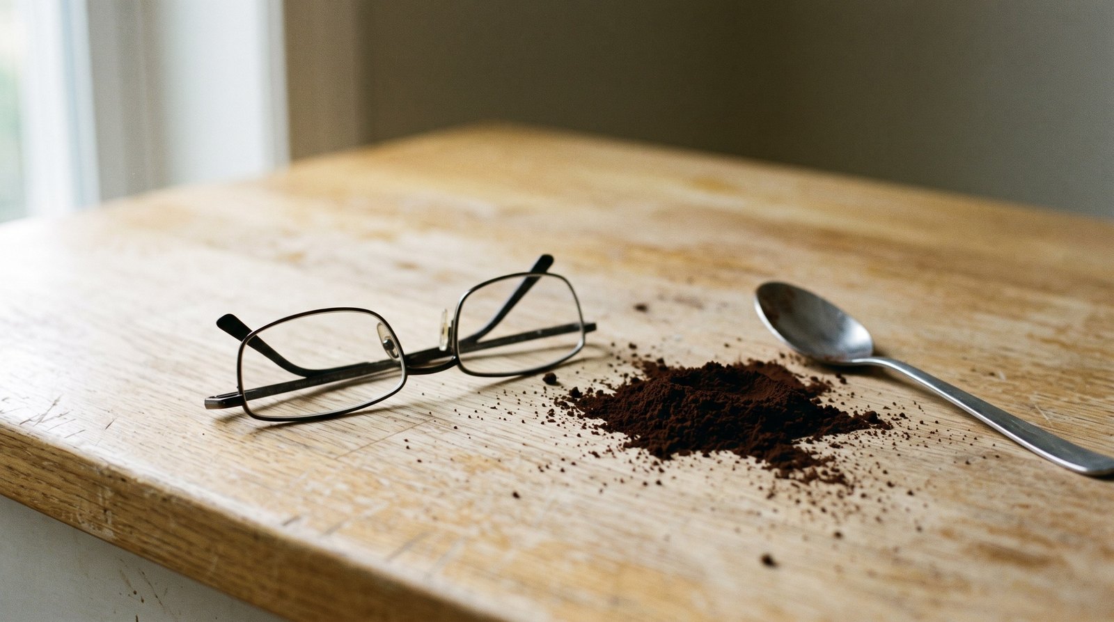 A folded pair of thin-rimmed reading glasses lying on a scuffed pale oak kitchen counter in flat window light, beside a small heap of spilled dark brown powder and a plain steel teaspoon resting on its side.