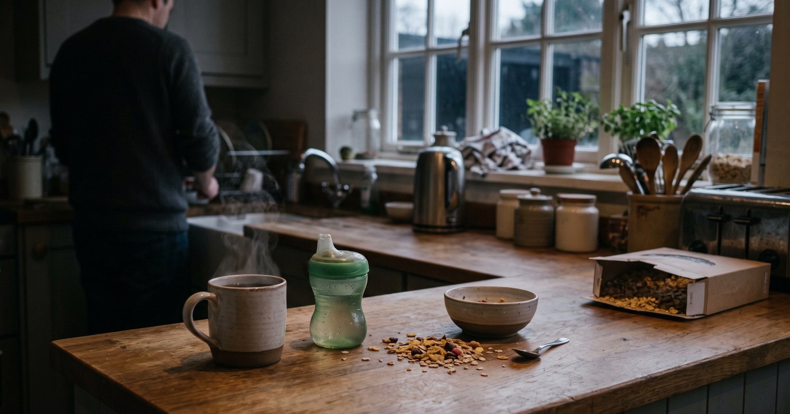 A steaming mug of dark herbal coffee on a cluttered wooden kitchen counter at dawn, beside a green toddler sippy cup, a spilled handful of cereal and an open cereal box. Grey pre-dawn light comes through the window behind; a parent stands at the sink with their back turned.