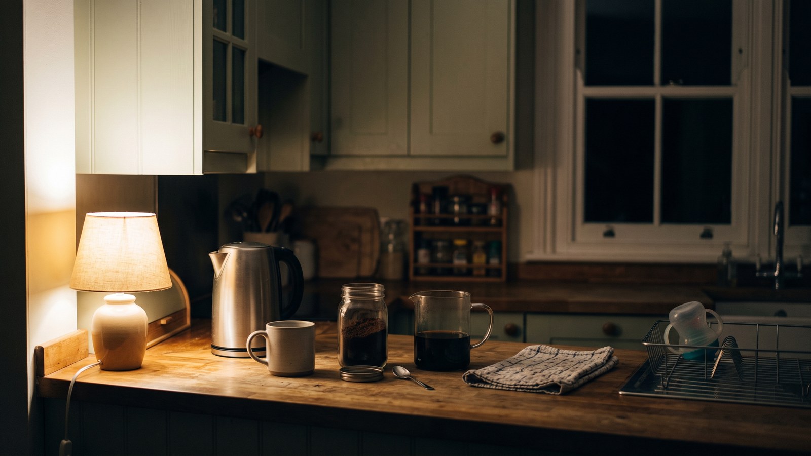 The same family kitchen late at night, tidied and lit only by a small lamp. Set out ready on the wooden worktop: an electric kettle, a clean empty stoneware mug, an open jar of dark roasted grounds with a spoon beside it, a glass jug of dark brewed drink, and a folded tea towel. A toddler's sippy cup dries upside down on the rack in the shadows.