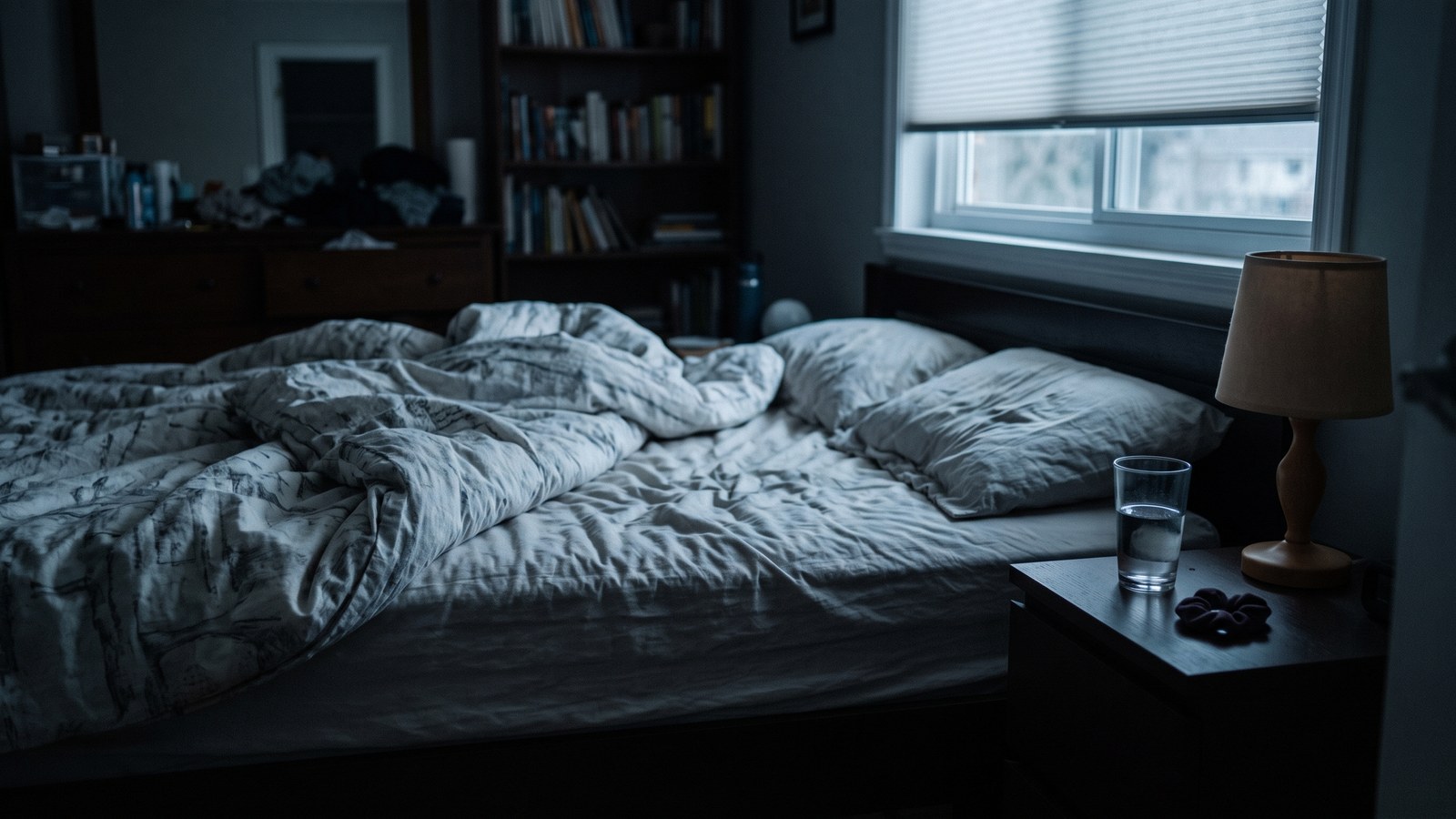 A dark bedroom in the middle of the night. The bed is empty and rumpled, the duvet thrown back on one side where someone has just got up, a dent still in the pillow. Cold blue-grey light leaks through half-closed blinds; a glass of water and a hair tie sit on the nightstand beside a small lamp.