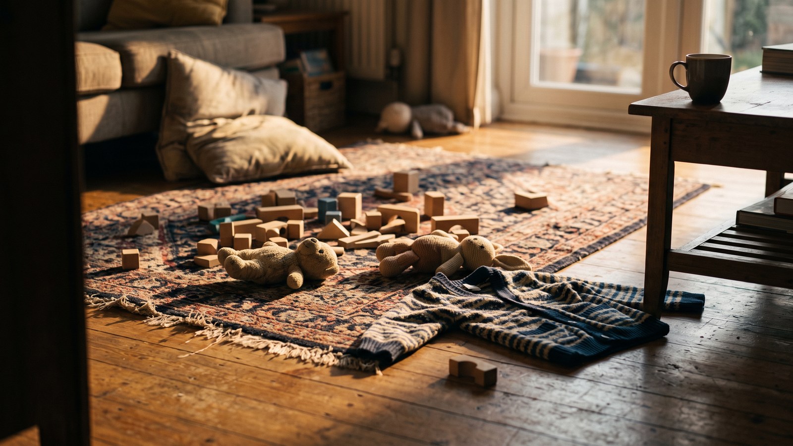 A family living room floor in low golden late-afternoon sunlight. Wooden building blocks and two soft toys are scattered across a patterned rug, a child's striped cardigan lies dropped on the floorboards, and a mug of dark drink sits abandoned and steamless on a side table out of reach.